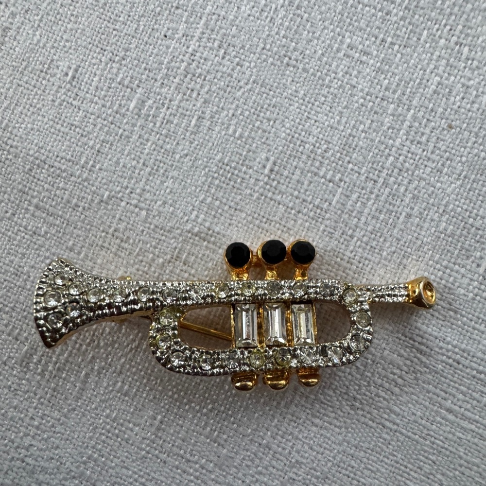 Vintage Trumpet Brooch Gold Tone Rhinestone Musical Instrument Jazz Band Pin